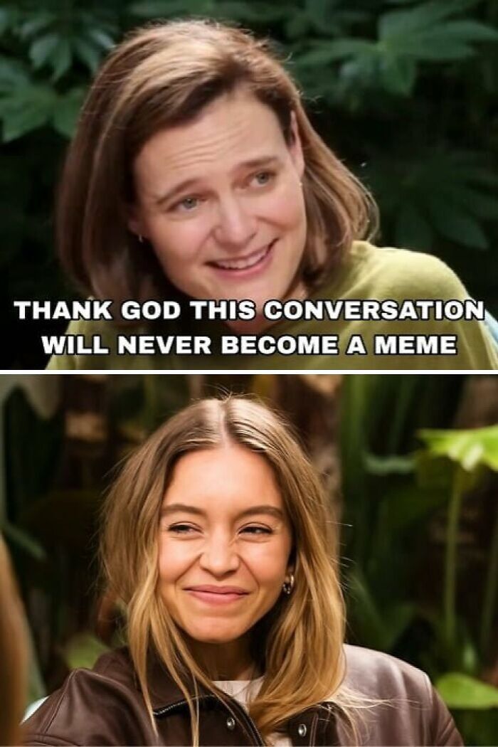 Two women laughing outdoors, depicting Sydney Sweeney's controversial interview turning into a hilarious new meme.