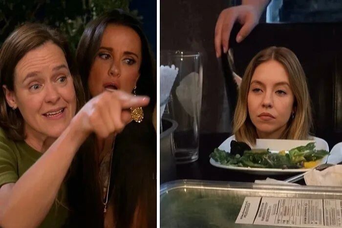 Two women reacting emotionally while Sydney Sweeney looks unimpressed during a controversial interview turned meme moment.