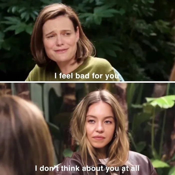 Two women in an outdoor setting with text captions, part of Sydney Sweeney's controversial interview meme.