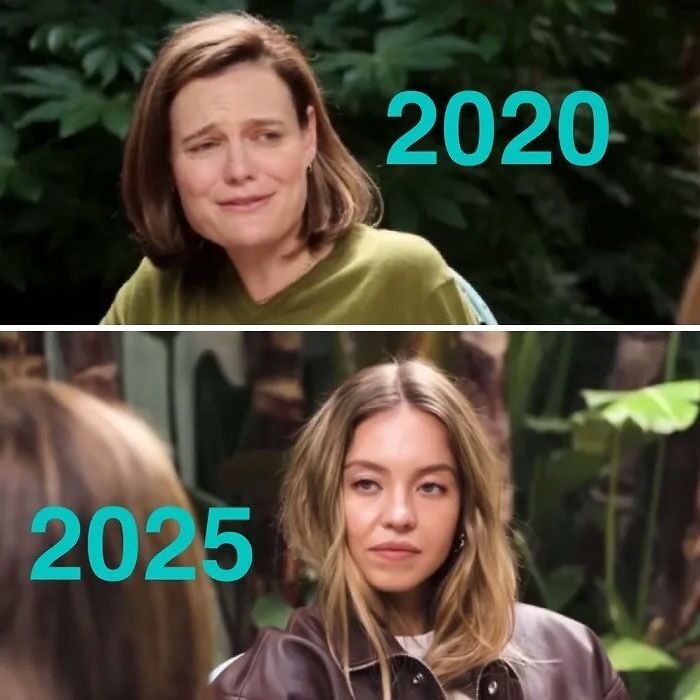Split image meme showing a woman in 2020 looking distressed and Sydney Sweeney in 2025 with a neutral expression.