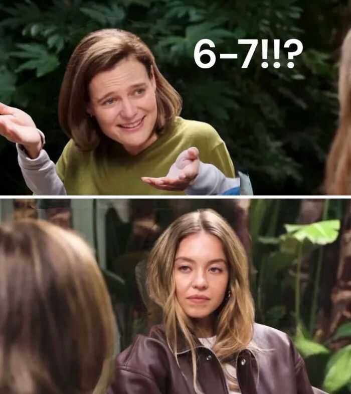 Two-panel meme featuring a confused woman and a serious Sydney Sweeney during a controversial interview conversation.