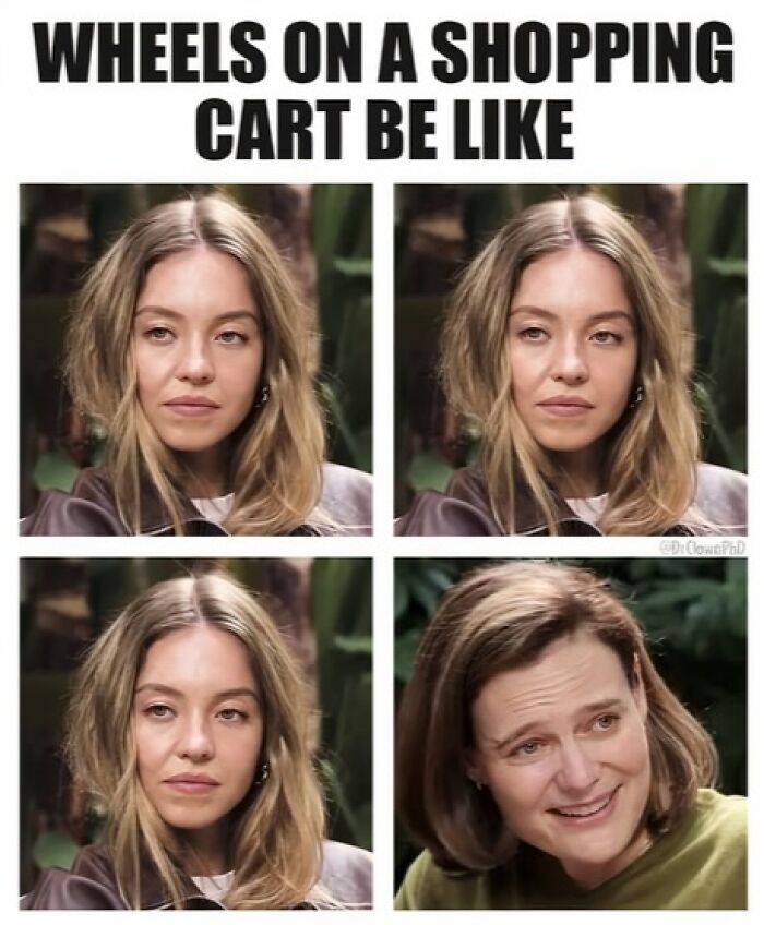 Sydney Sweeney making various expressions in a meme about wheels on a shopping cart, from a controversial interview.