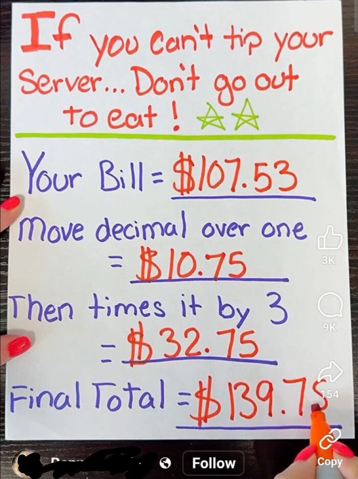 Handwritten note showing incorrect tip calculation with the main SEO keyword dumbest things Americans confidently posted.