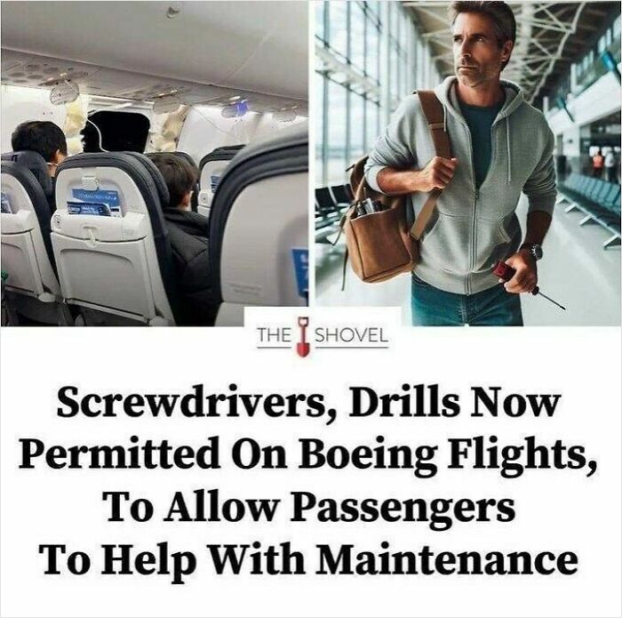 Passengers sitting inside an airplane cabin and a man with tools at the airport in aviation memes for frequent flyers.