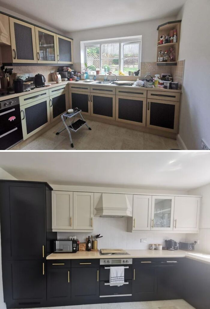 Before and after kitchen renovation showcasing incredible DIY projects using paint and patience for a modern look.