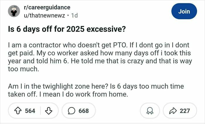 Reddit post asking if taking 6 days off in 2025 is excessive, showcasing dumbest things confidently posted by Americans.