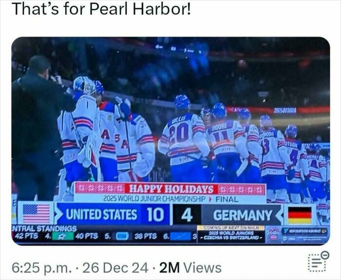 Hockey team celebrating a 10-4 win with scoreboard showing United States vs Germany in world junior championship.