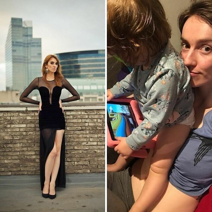Before and after photo of a mom in a black dress and the same mom with her child using a tablet, relatable moms share moments.