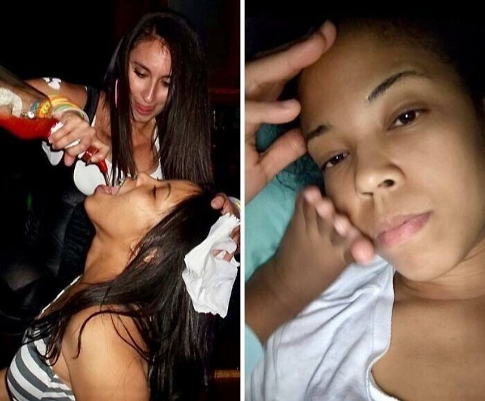 Before and after photos of a mom showing relatable changes and honest moments from life before and after having kids.