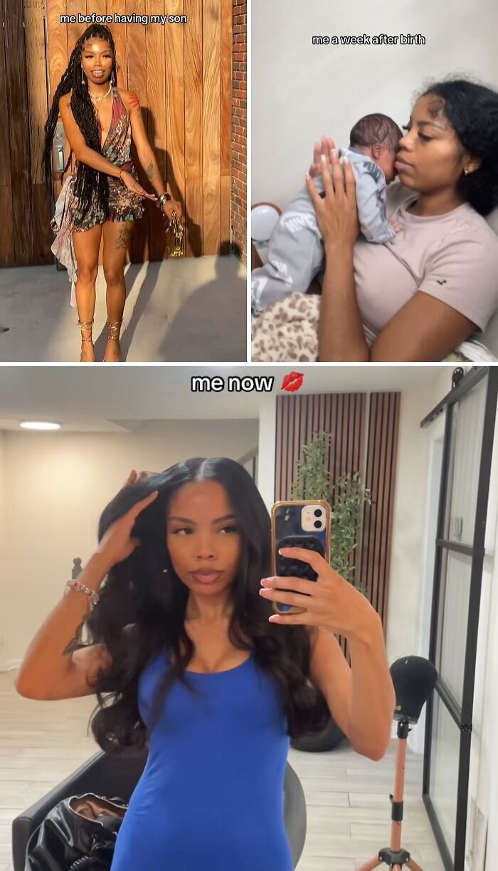 Moms share honest and relatable before and after photos showing changes after having kids in three different stages.