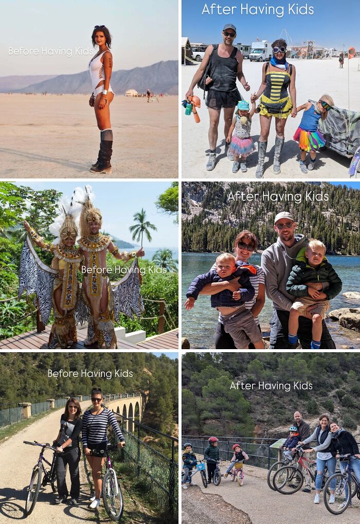 Collage showing relatable before and after having kids photos of moms with family, highlighting real parenting moments outdoors.