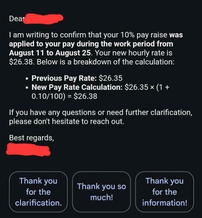 Email showing a failed attempt at calculating a 10 percent pay raise with an incorrect new pay rate.