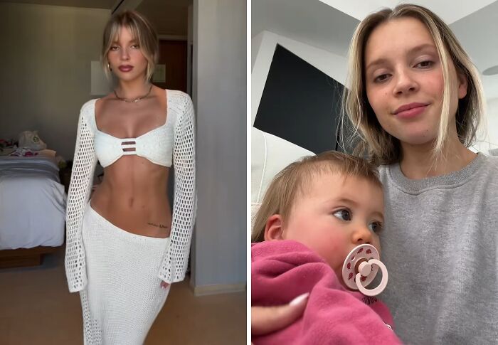 Side-by-side photos of a woman before and after having kids, showing honest and relatable moments of motherhood.