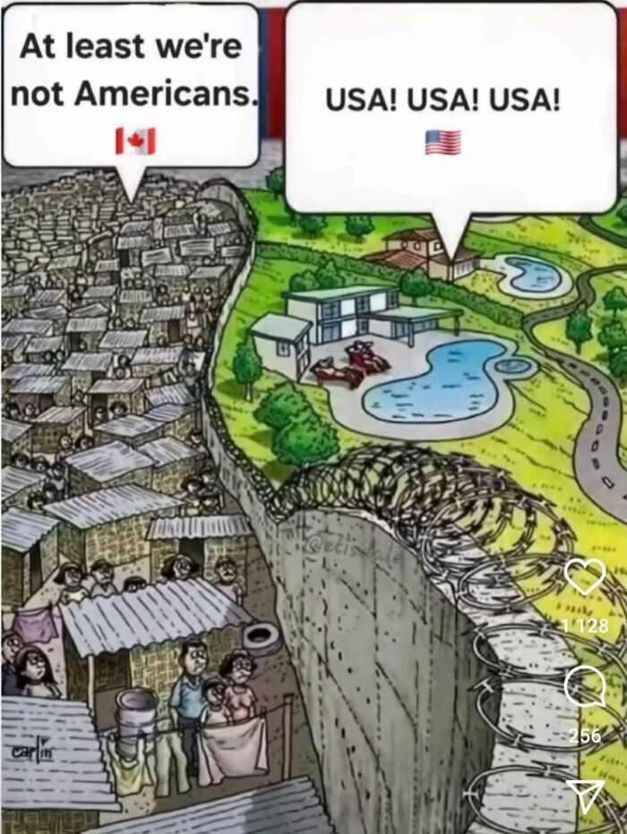 Cartoon contrasting impoverished area labeled Canada with wealthy American suburb, highlighting stereotypes in dumbest things posts.