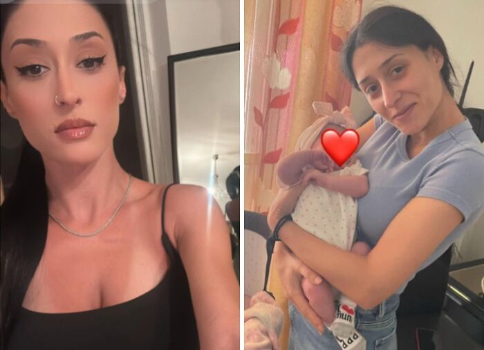 Side-by-side photos of a mom before and after having kids, showing honest and relatable motherhood moments.