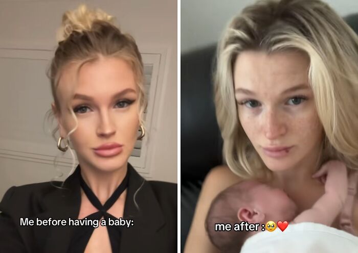 Side-by-side photos of a mom before and after having kids, showing honest and relatable motherhood moments.
