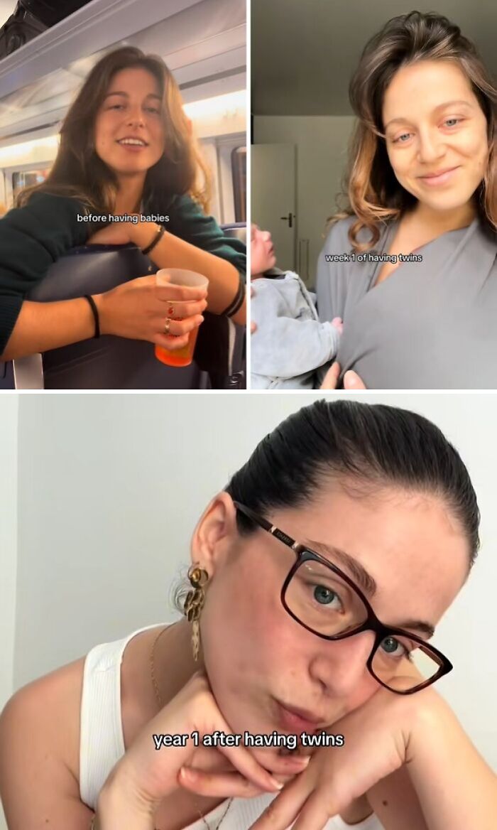 Collage of relatable mom photos showing changes before having babies, week 1, and year 1 after having twins.