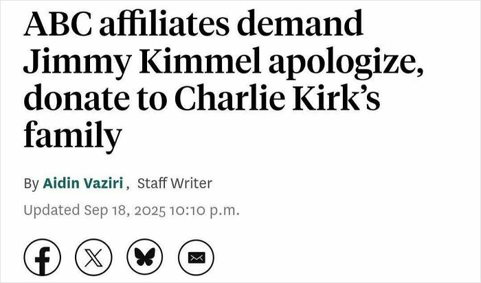 Headline about ABC affiliates demanding Jimmy Kimmel apologize and donate to Charlie Kirk’s family, illustrating a there-was-an-attempt-fail-pics scenario.