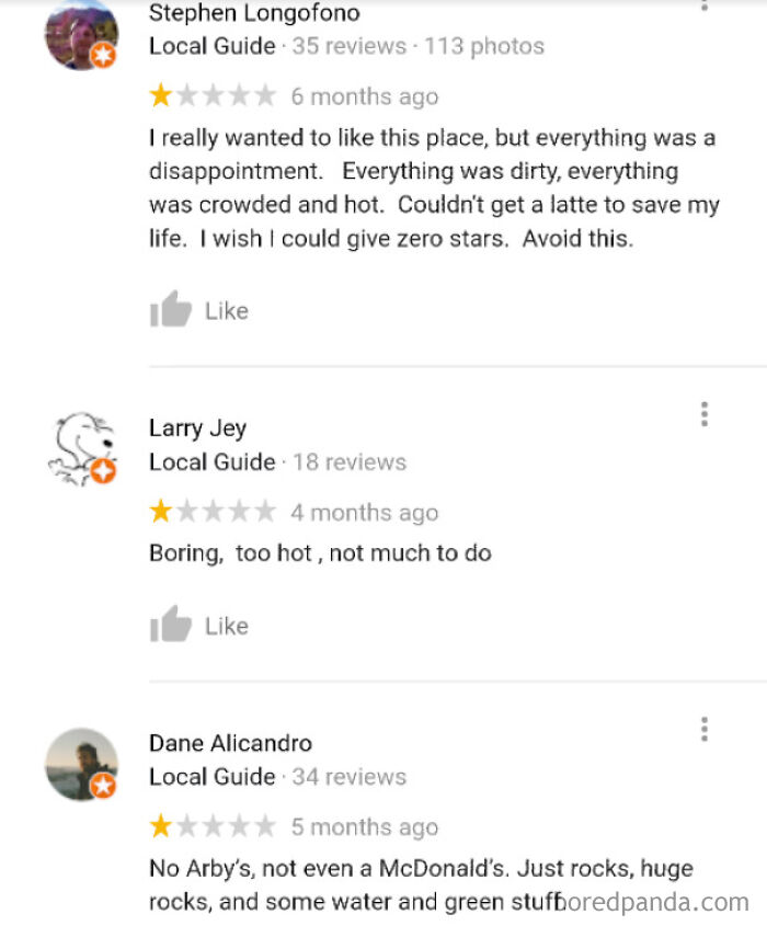 Screenshot showing funny and ridiculous 1-star Google reviews from local guides with humorous complaints.