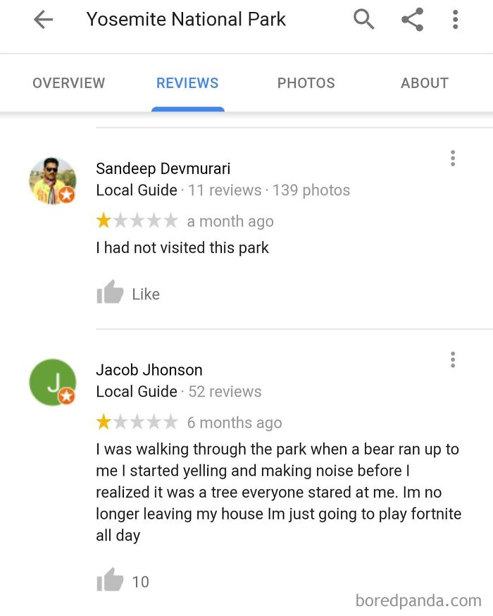 Funny and ridiculous 1-star reviews on Yosemite National Park with humorous user comments and reactions.