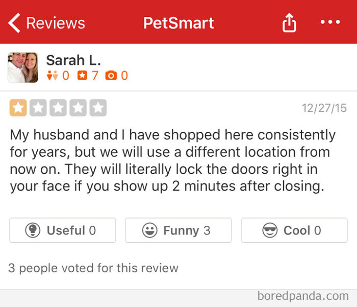 Screenshot of a funny and ridiculous 1-star review on PetSmart about locked doors past closing time.