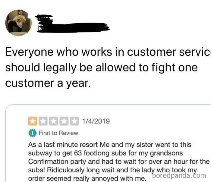 Funny and ridiculous 1-star customer service review about long wait at a subway resort for footlong subs.