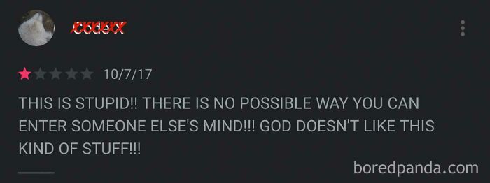 Screenshot of a funny and ridiculous 1-star review complaining about entering someone else’s mind, part of funny reviews collection.