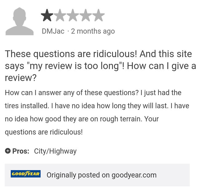 One-star funny and ridiculous customer review about tire installation on Goodyear website.