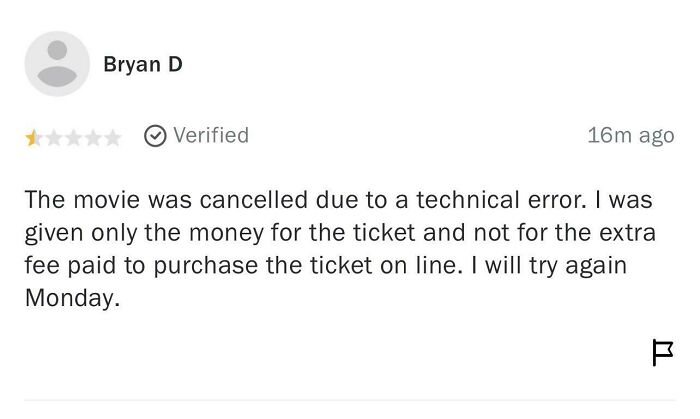 Screenshot of a funny and ridiculous 1-star review about a canceled movie and ticket refund issues.
