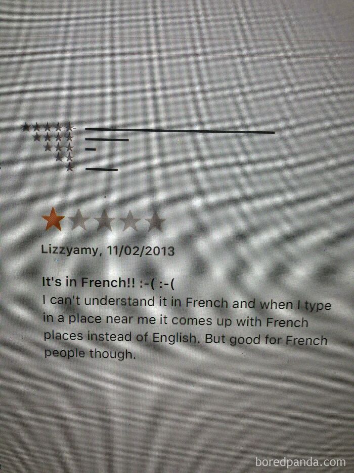 Screenshot of a funny one-star review complaining about content being in French instead of English in ridiculous 1-star reviews.