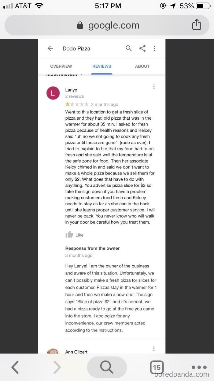 Screenshot of a funny and ridiculous 1-star review for a pizza place, with owner response included.