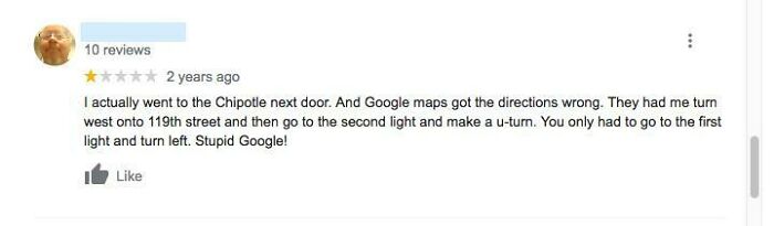 Screenshot of a funny and ridiculous 1-star review complaining about Google Maps directions to a restaurant.
