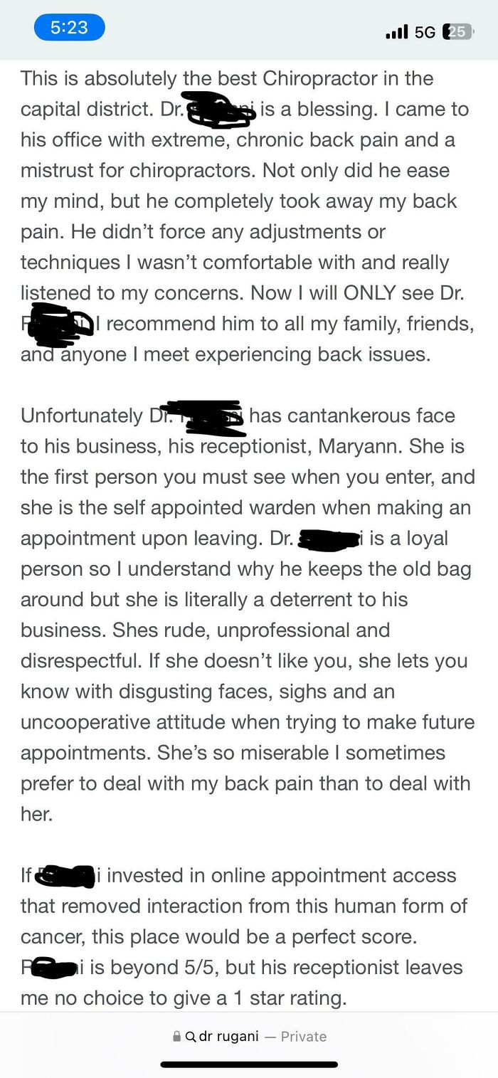 Screenshot of a funny and ridiculous 1-star online review about a chiropractor's office staff experience.