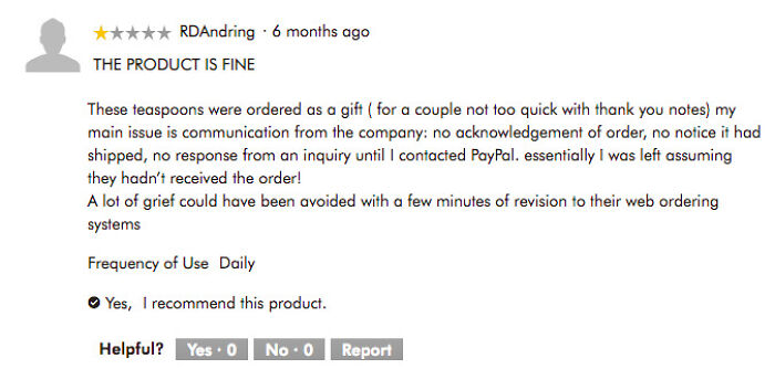 Screenshot of a funny and ridiculous 1-star review showing customer frustration over poor communication.