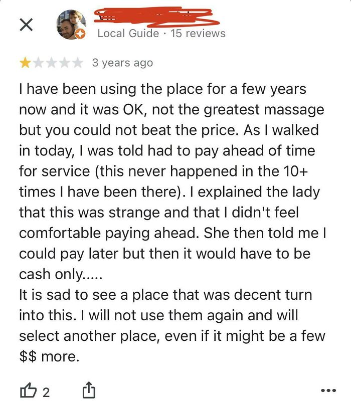 Funny and ridiculous 1-star review complaining about payment policy at a massage business with unchanged pricing concerns.