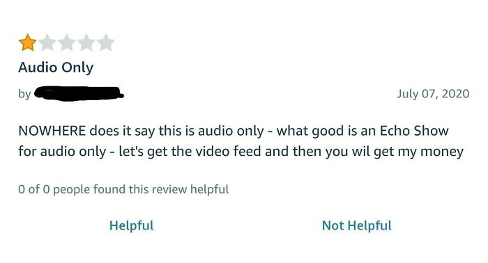 Screenshot of a funny and ridiculous 1-star review complaining about an Echo Show being audio only.