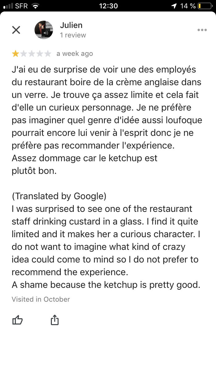 Screenshot of a funny 1-star review describing a restaurant staff member drinking custard, highlighting ridiculous customer reviews.