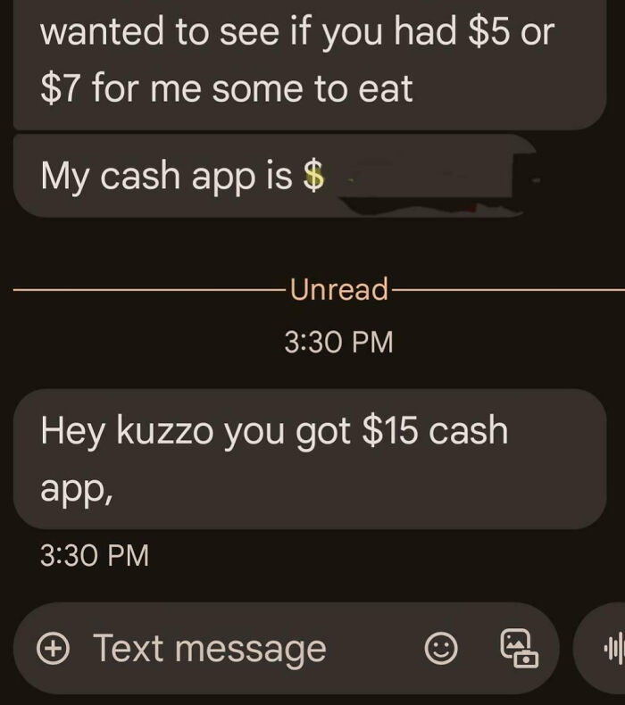 Text message conversation showing a family member asking for money, highlighting infuriated family venting online.