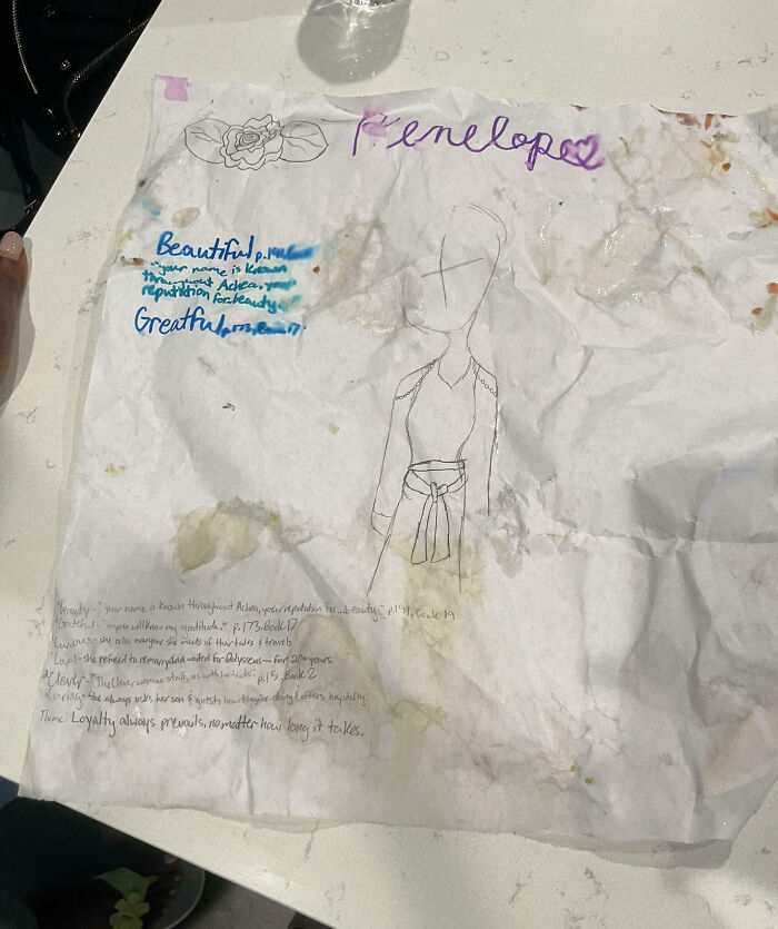 Crumpled and stained handwritten family note with sketch, showing a venting moment shared online.