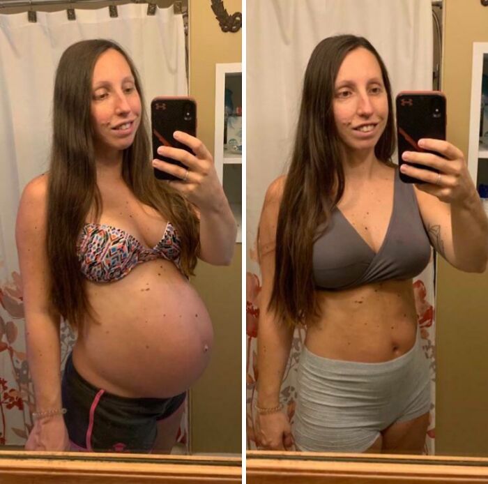 Mom taking before and after photos showing her pregnant belly and postpartum body in a bathroom mirror selfie.