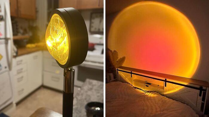 LED mood lamp projecting warm sunset light in a cozy bedroom, one of the viral products from TikTok algorithm trends.