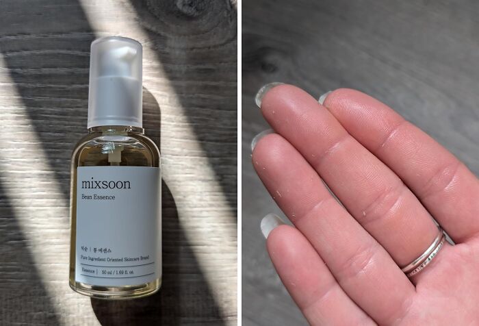 Clear skincare serum bottle labeled mixsoon Bean Essence shown with product applied on fingers, viral products trend