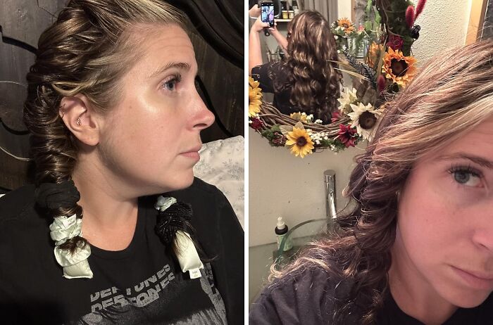 Woman demonstrating viral hair curling product, showcasing before and after results inspired by TikTok algorithm trends.