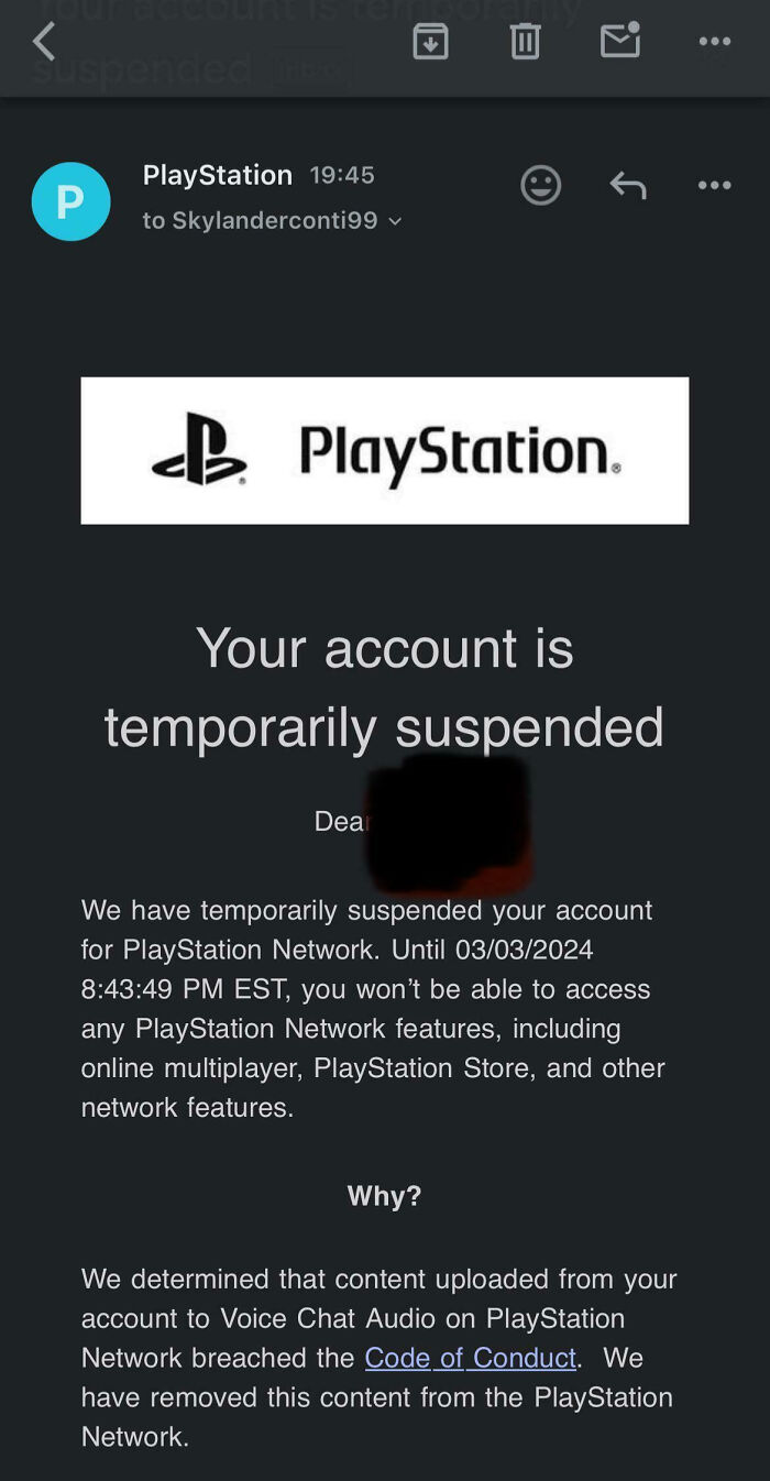 Email from PlayStation notifying a user their account is temporarily suspended, causing family frustration to vent online.