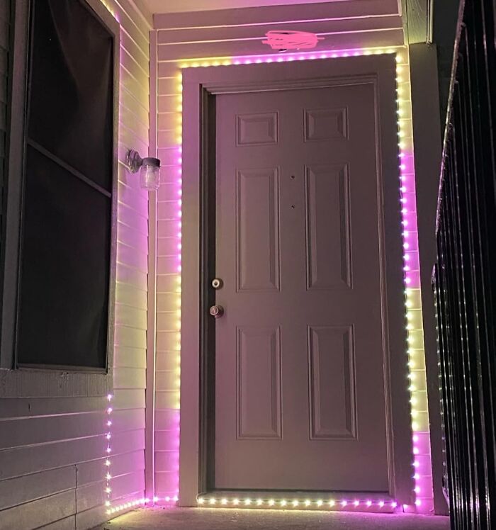 Front door framed with colorful LED strip lights, showcasing one of the viral products the TikTok algorithm promotes.