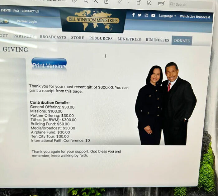 Screenshot of a donation receipt page with contribution details and a photo of a smiling man and woman in formal attire.