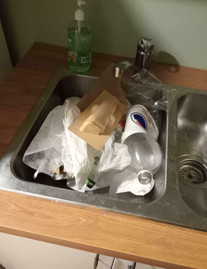 Kitchen sink filled with trash and empty bottles showing family member mess causing frustration and venting online.