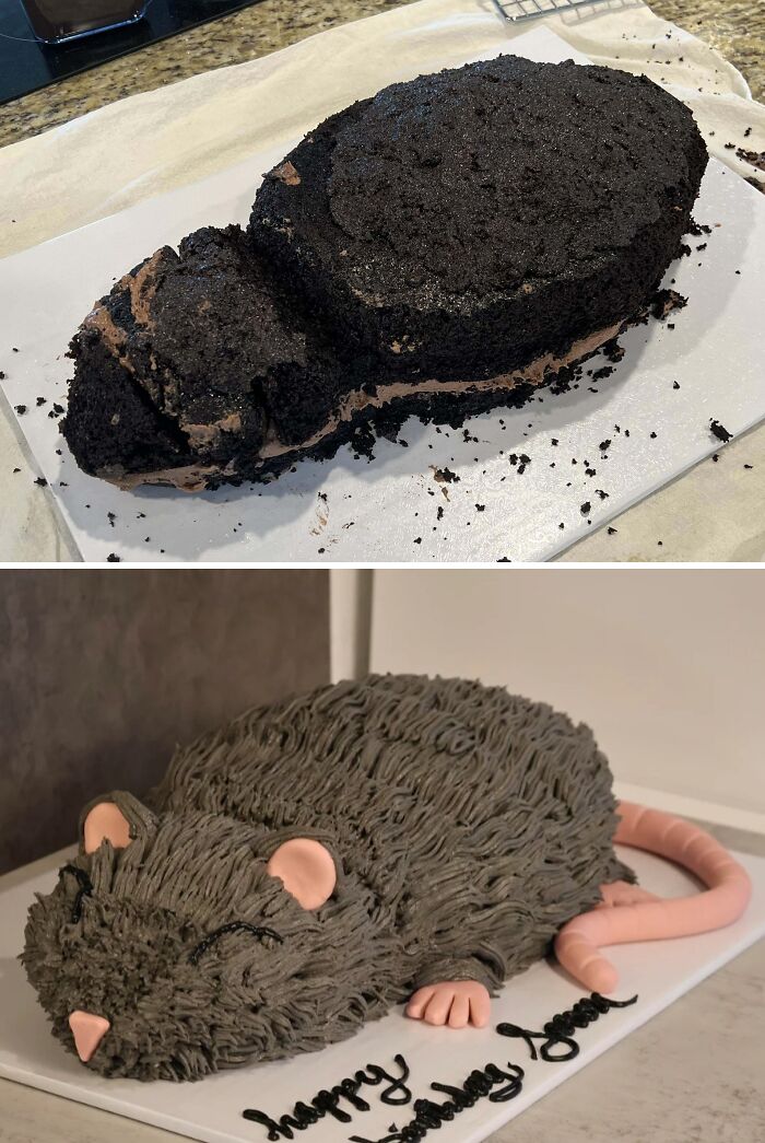 Two images showing the process of creating a baked goods cake shaped and decorated like a realistic gray rat.