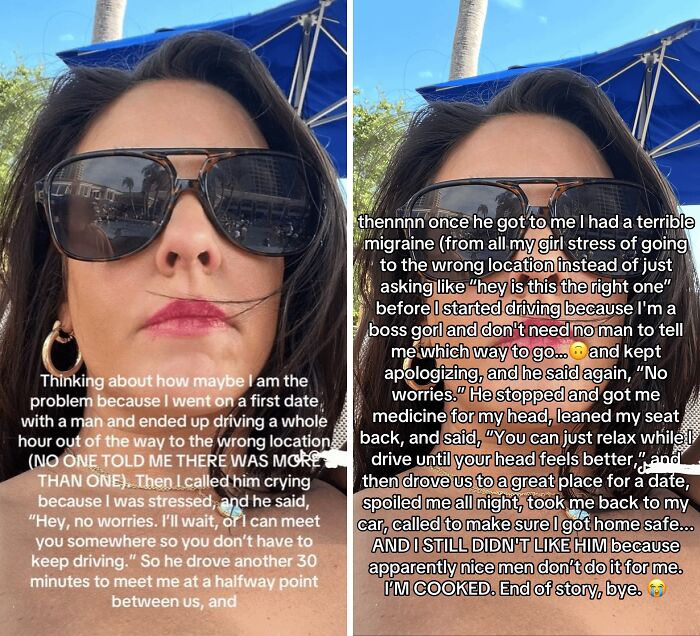 Woman with sunglasses sharing a story about a stressful first date and being called out for delusional behavior online.