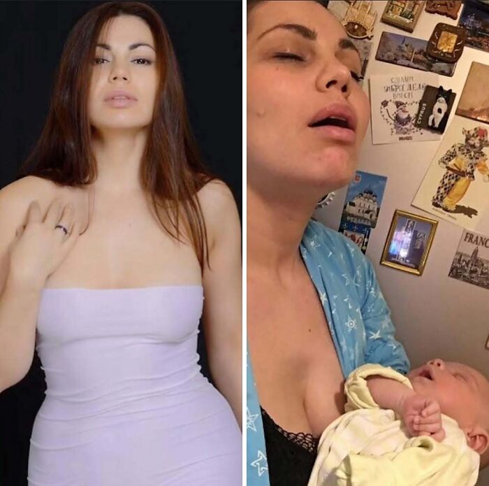 Before and after motherhood photos showing a woman with and without her newborn baby, capturing relatable mom moments.